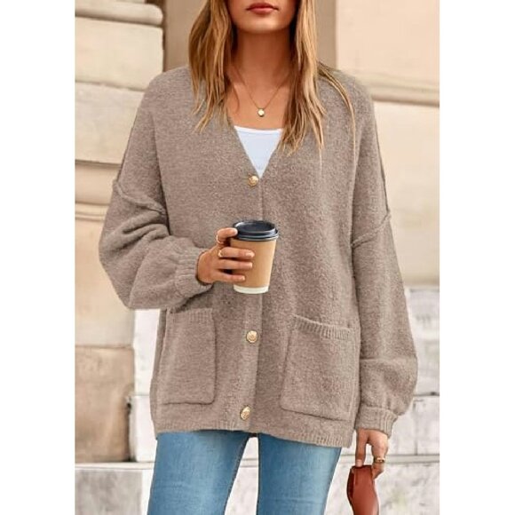 Oversized Chunky Knit Cardigan with Lantern Sleeves and Pockets - Picture 4 of 8